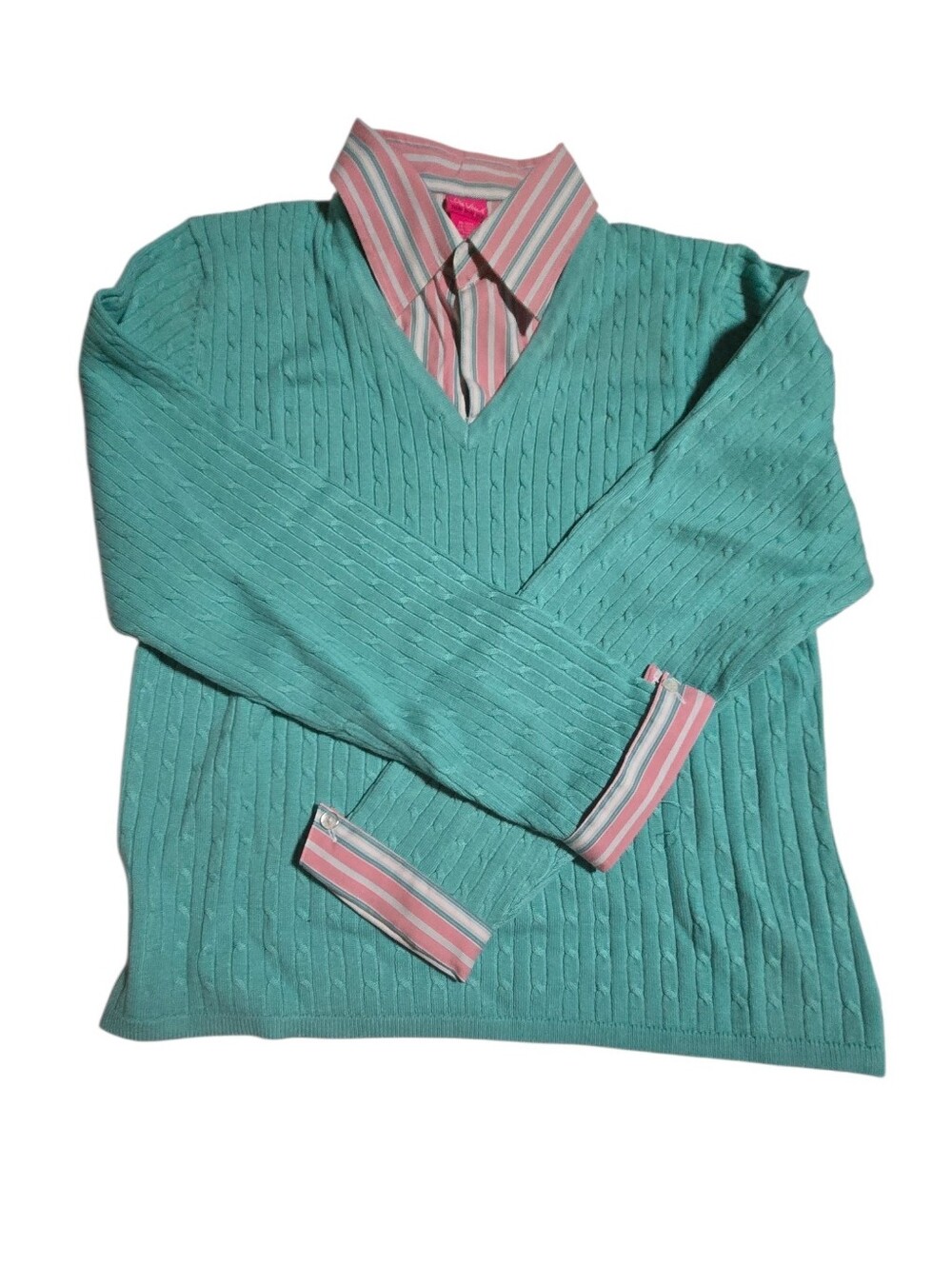 Women's V-Neck Cable Knit Sweater W/ Button In Collar & Cuffs in Aqua Sz L